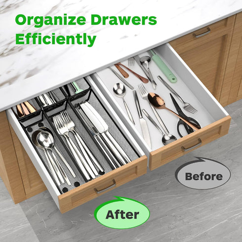 Silverware Drawer Organizer - 6 Pack Utensil Organizer for Kitchen Drawers, Interlocking Arm Design