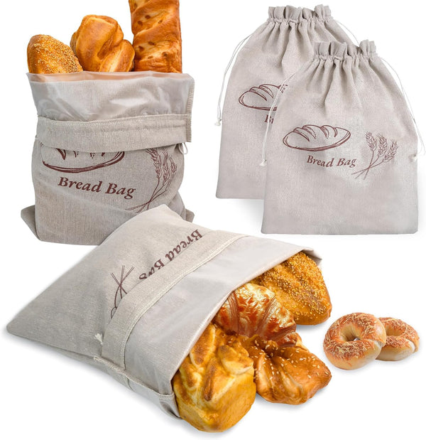 KYWJP Bread Bags for Homemade with Inner Lining, 3 Pack Linen Sourdough Reusable
