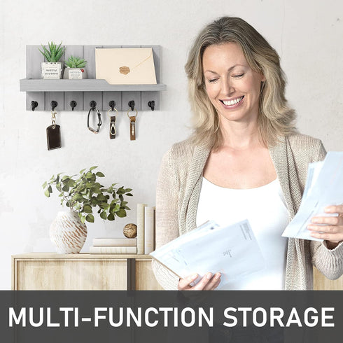 Rebee Vision Decorative Key and Mail Holder for Wall, 15 Inches Floating Shelf with 7 Key Hooks for Entryway Decor