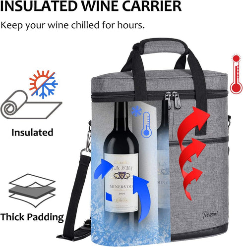 Tirrinia Insulated Wine Gift Carrier - 3 Bottle Travel Cooler Tote Bag with Handle, Grey
