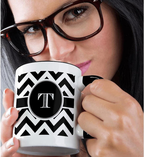 3dRose Black and White Chevron Monogram Initial T, Two Tone Black Mug, 11oz