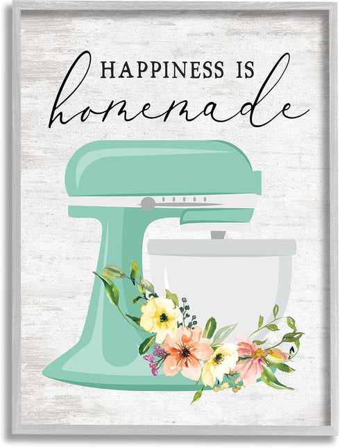 Stupell Industries Happiness is Homemade Floral Kitchen Stand Mixer Wall Art, 11 x 14, Multi-Color, Gray Framed