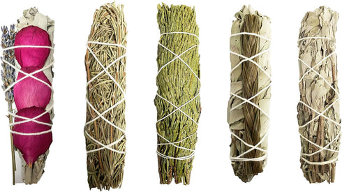 Smudge Sticks Sampler - 1 White Sage with Lavender & Rose, 1 Rosemary, 1 Cedar, 1 Sweetgrass, 1 Black Sage