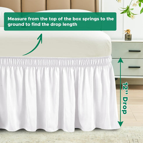 Biscaynebay Wrap Around Bed Skirts for King & Cal King Beds, White Adjustable Elastic Dust Ruffles with Short Drop of