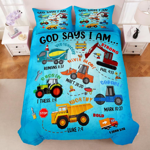 Set Set,Car Set1 2 Boys Construction Vehicles Truck Comforter Twin,Christian Kids God Says I Am Construction Bedding