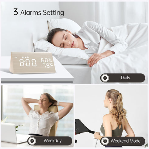 Digital Alarm Clock with Wooden LED Time Display, 3 Alarm Settings, Humidity & Temperature Detect