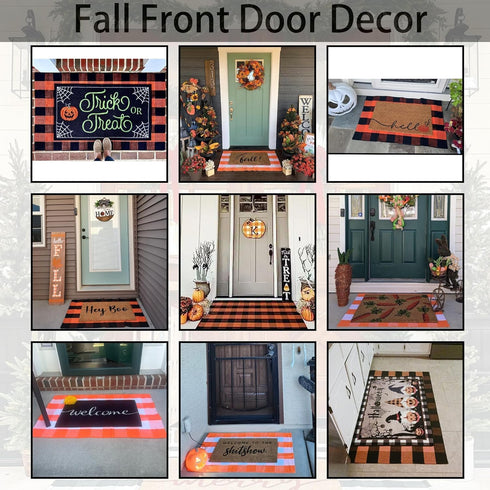 24'' 51'' Orange and Black Plaid Rug, x Fall Outdoor Front Door Decor Mat, Cotton Washable Hand-Woven Rug for Layered