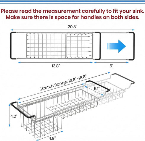 13.8" 20.8", TreeLen Over The Kitchen Sink Caddy Sponge Holder Organizer Drying Rack Expandable for Sponge Brush Soap