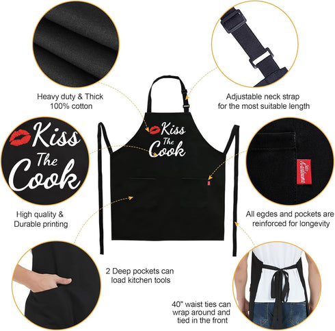 Funny Aprons for Women Men - Kiss the Cook Apron - Funny Chef Cooking BBQ Grill Aprons with 2 Pockets - Birthday Mothers Day Gifts for Mom, Wife - Fathers Day Christmas Gifts for Dad, Husband