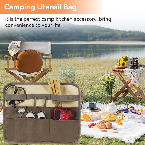 Camping Utensil Bag, Knife Roll Bag for Chefs, Canvas Roll Up Culinary Bag for Cooking, Camping, Tableware Storage
