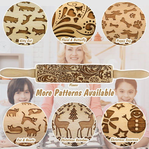 Embossed Rolling Pin for Baking, Cookie Embossing Rolling Pins with Flower Pattern, Wooden Engraved Dough Roller