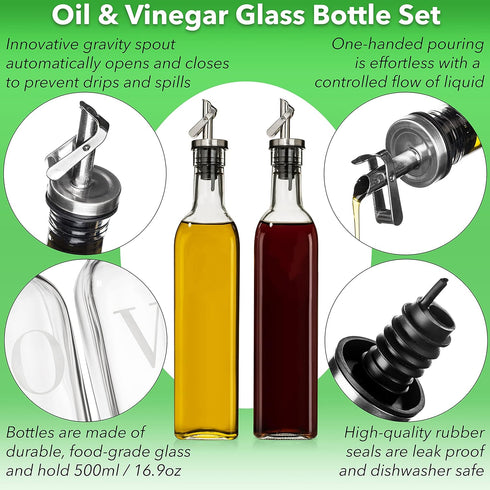 GREENOLIVE Olive Oil and Vinegar Dispenser Set - 17 oz. Glass Bottles with No-Drip Spouts - Set of 2