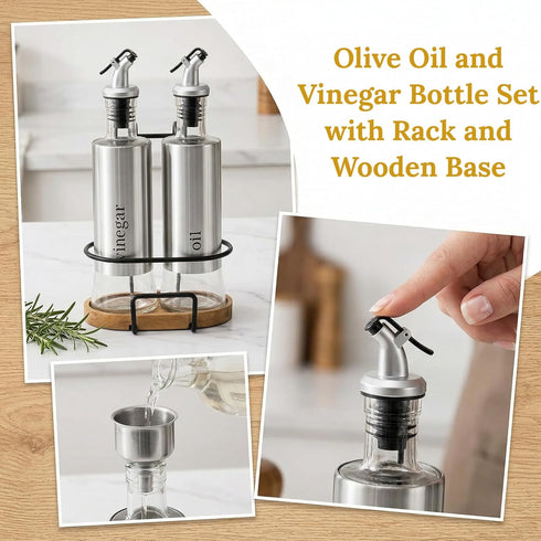 2 Pack Set 10OZ Tebery Olive Oil and Vinegar Bottle with Rack and Wooden Base, Olive Dispenser Glass Cooking Oil Cruet