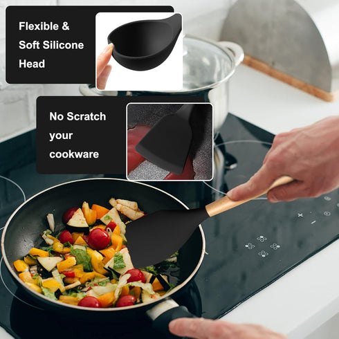 E-far Silicone Cooking Utensils Set, 10-Piece Black Kitchen Tools with Wooden Handle