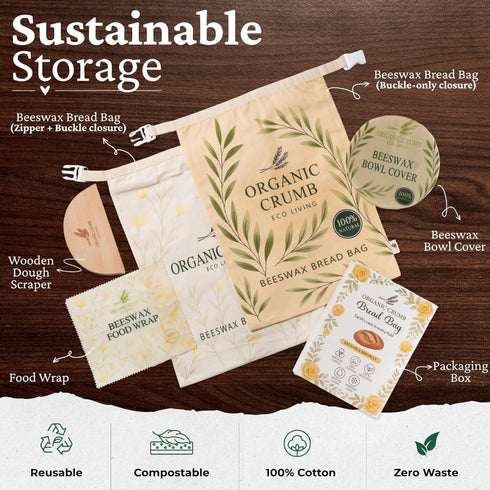 Organic Crumb (5 1) 2 Reusable Bread Bags for Homemade Bread in XL Cotton Beeswax Bags, Reusable Beeswax Wrap, Bowl