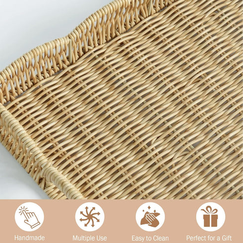 kumet Serving Tray with Scalloped Edge, Rectangular Wicker Tray with Handles, Ideal for Breakfast or Meals in Bed