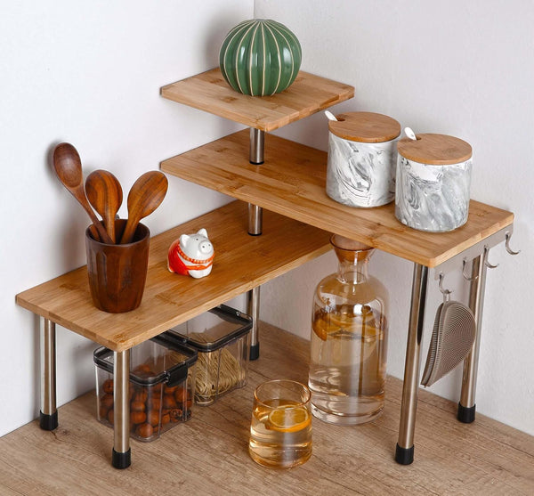 HYNAWIN 3 Tier Corner Shelf Bamboo & Metal Storage Rack, Adjustable Organizer for Kitchen, Bedroom, Office