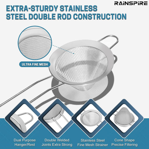 Stainless Steel Fine Mesh Strainer, Mini Cocktail Strainer for Tea, Herbs, Coffee & Drinks, Rust Proof