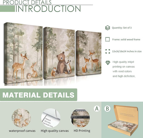 Set 3 12x16 inch Nursery Canvas Wall Art of - Woodland Wild Animals Bear Fox Deer Watercolor Paintings Pictures Wall