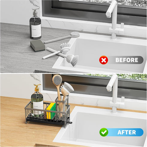 Countertop 304 9.25) Cisily Sponge Holder for Kitchen Sink, Sink Caddy Organizer with High Brush Holder, Kitchen
