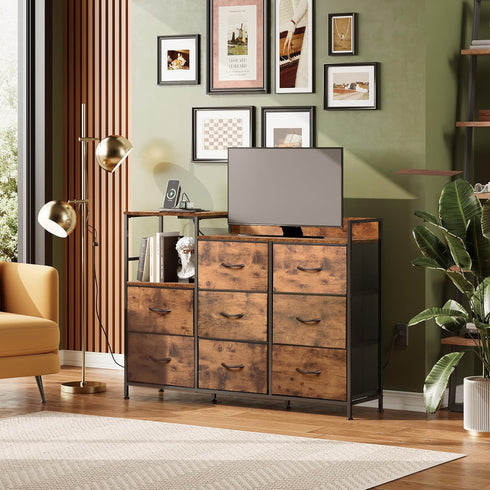 8 WLIVE TV Stand Dresser with Charging Station, Entertainment Center with Fabric Drawer, TV Media Console Table,Open