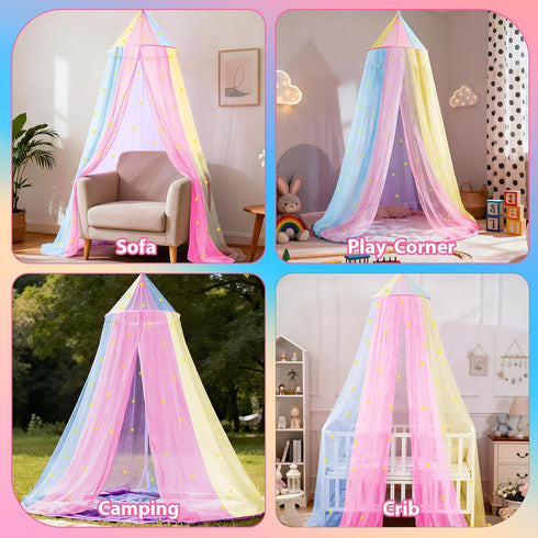 SYHITOU Rainbow Bed Canopy for Girls with Glowing Stars, Colorful Princess Canopy Bed Curtains for Twin, Full