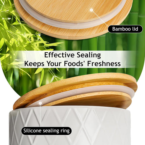 Set 3 Sets Counter, Set MIAMIO of Canister for Kitchen Ceramic Kitchen Canister with Airtight Seal Wooden Lid - Perfect