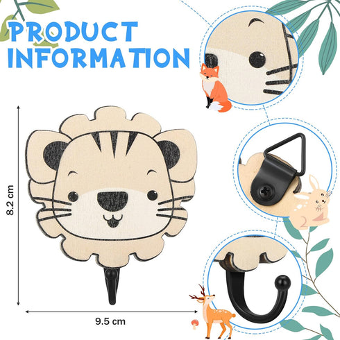 4 Qunclay Pcs Safari Animal Wall Hooks for Kids, Wooden Jungle Baby Safari Nursery Decor Hooks, Cute Lion Zebra Giraffe