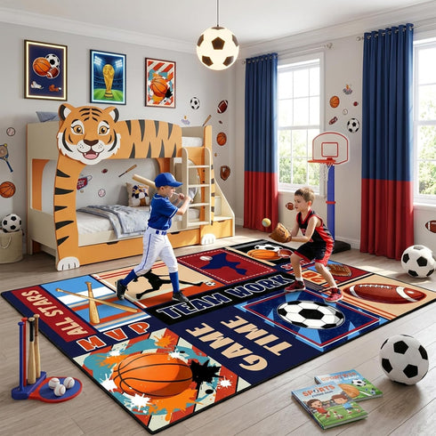 3x5 BATATADOCE Sports Rug for Boys Bedroom - Feet Basketball Football Soccer Baseball Area Rug for Kids Room Playroom