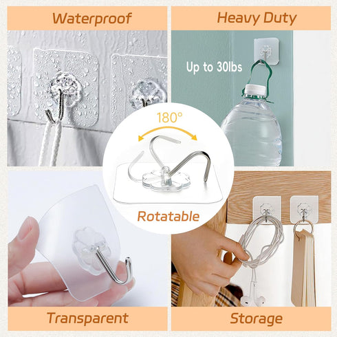 Mlici 24 Pack Clear Self-Adhesive Wall Hooks - 30lbs Heavy-Duty Sticky Hooks for Kitchen Bathroom