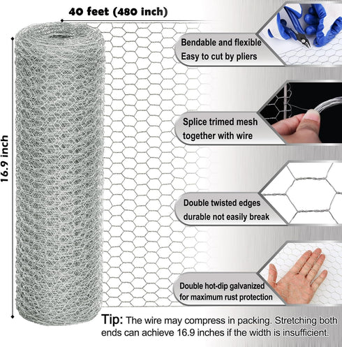 16.9 Inch 40 0.6 Inch Chicken Wire Fencing Mesh, x Feet Metal Floral Chicken Wire Fence for Crafts Poultry Garden