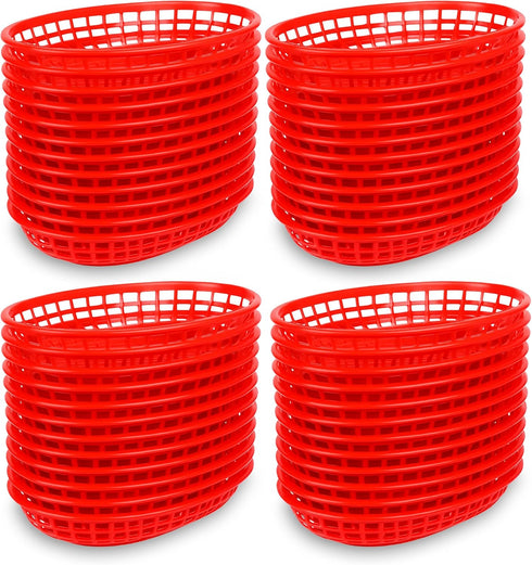 Red Plastic Food Baskets, 36-Pack Oval Serving Trays for Burgers, Fries & Sandwiches