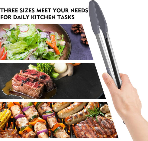 HOTEC Premium Stainless Steel Locking Kitchen Tongs - Set of 3-7", 9" and 12"
