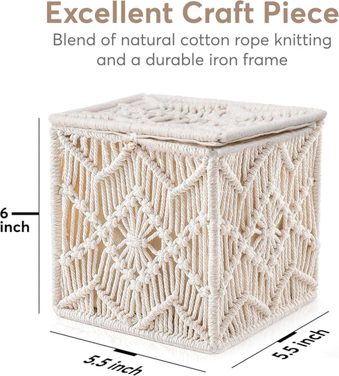 Tissue Box Cover Square Woven Macrame, Boho Decor Tissues Holder with Bead Buckle for Home, Bathroom, Office
