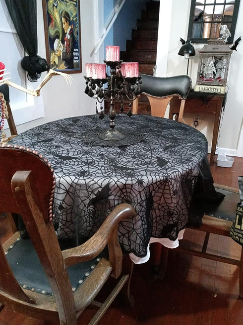 Black Lace Tablecloth Round Overlay, 70" for Halloween Party, Easter, Fireplace, and Mantle Cover Decoration
