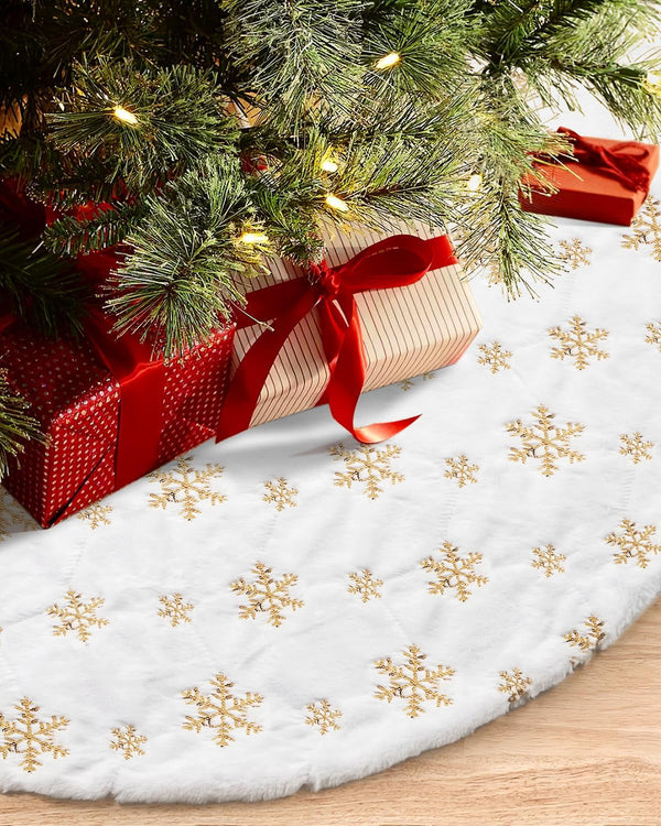 COOLWUFAN 48 Inches Christmas Tree Skirt for Holiday Party Decoration, White Plush Gold Sequin Snowflake