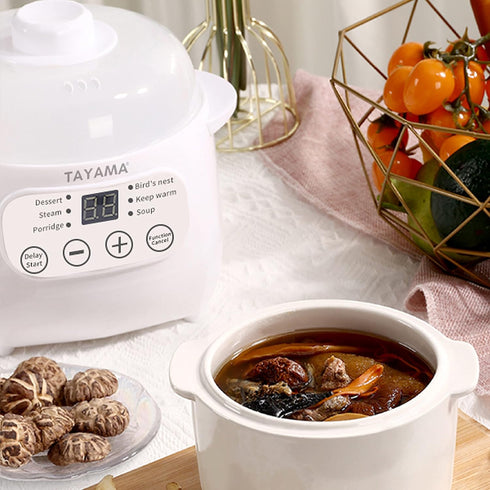 TAYAMA 1 Qt. White Mini Ceramic Stew Cooker - Pre-Settings and Built-In Timer, Small