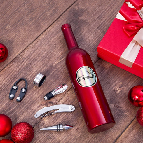 Tirrinia Wine Accessories Gift Set - Corkscrew Opener Kit, Drip Ring, Foil Cutter, Pourer & Stopper in Novelty Bottle