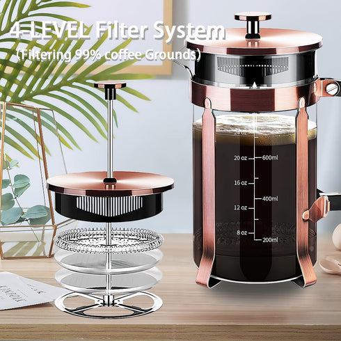 French Press Coffee Maker, 304 Stainless Steel, 4 Filters, Borosilicate Glass, BPA-Free, 21 Ounce