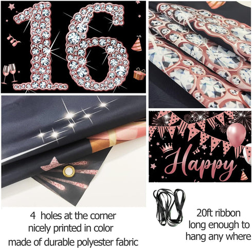 Sweet 16 Birthday Door Banner Backdrop, Happy 16th Birthday Decorations for Girls, Rose Gold, 6.1ft x 3ft