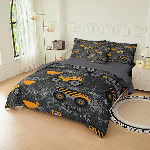 6 Set Set, Bag(1 1 1 2 1 Piece Construction Comforter Full, Truck Cars Excavator Tractor Dark Grey Bedding Soft