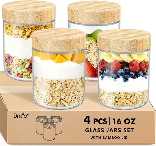 DRKIO 16 Oz Overnight Oats Containers with Bamboo Lids - 4 Pack