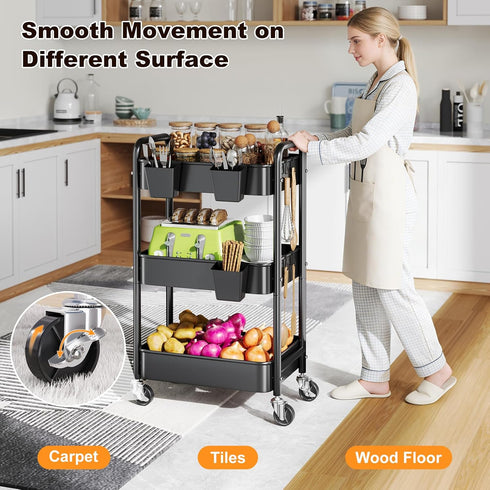 Aofure 3 Tier Rolling Cart on Wheels, Metal Utility Storage Cart with Wheels, Three Tiered Craft Carts Organizer