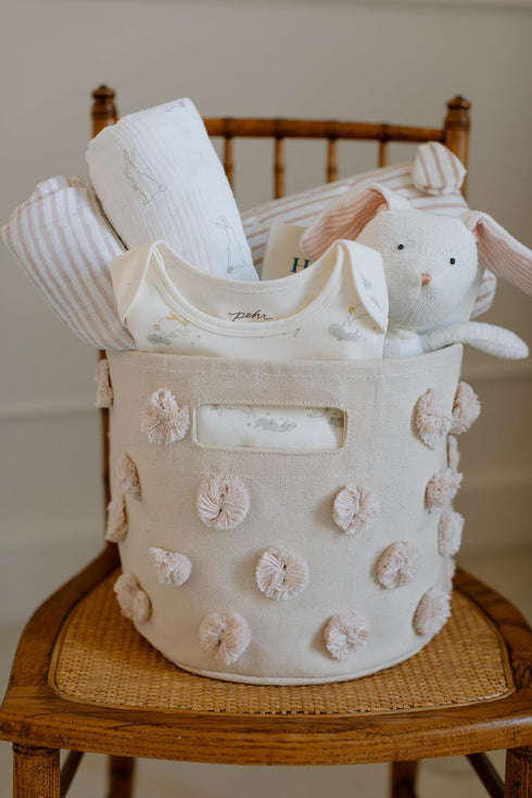 PEHR Pom Pom Basket, Pint (Blush) | 100% Cotton Canvas Storage for Nursery, Playroom & Home