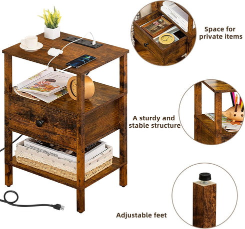 Lerliuo Nightstand with Charging Station and USB Ports, 3-Tier Storage End Table with Drawer, Retro Brown Wood Bedside