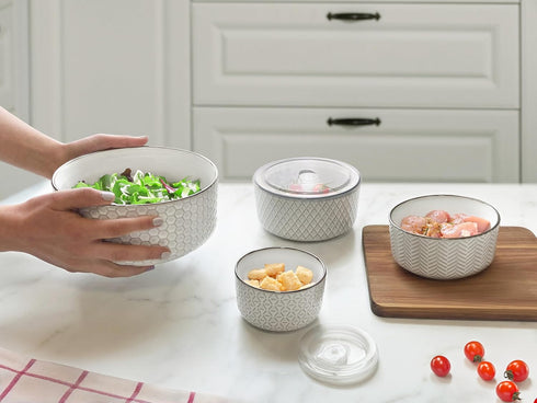 KooK Ceramic Nesting Bowls with Lids, Embossed Food Storage Containers, Set of 4, Ivory