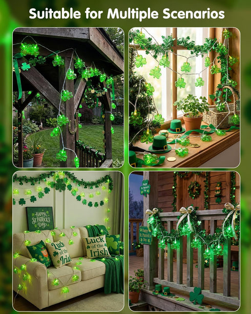 8.5Ft 10 SUNSGNE Shamrock String Lights St. Patrick's Day Lights, Outdoor Patio String Light with LED Green Shamrock