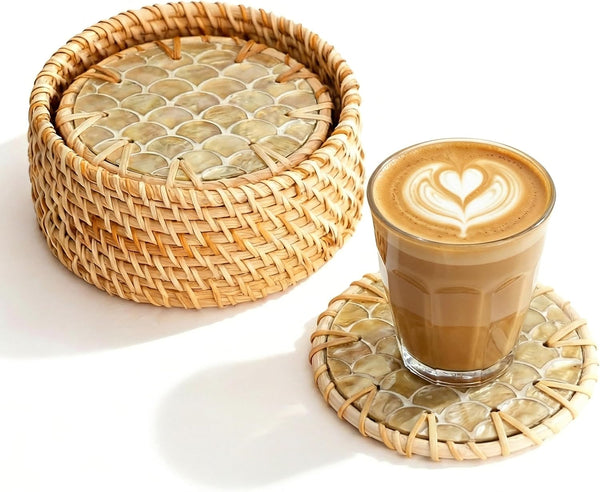JUNGLE CULTURE Mother of Pearl Rattan Coasters for Drinks with Holder Handmade