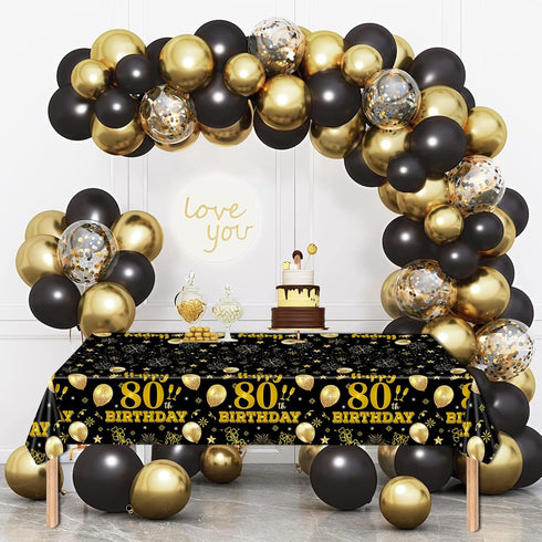 2 Pack 80th Tablecloths,54 108 inch Birthday x Disposable Black and Gold Plastic Waterproof Rectangular Table Covers