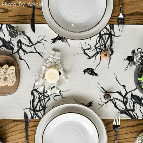 13x60 Inch Artoid Mode Silhouette Tree Crows Branches Halloween Table Runner, Seasonal Fall Kitchen Dining Table